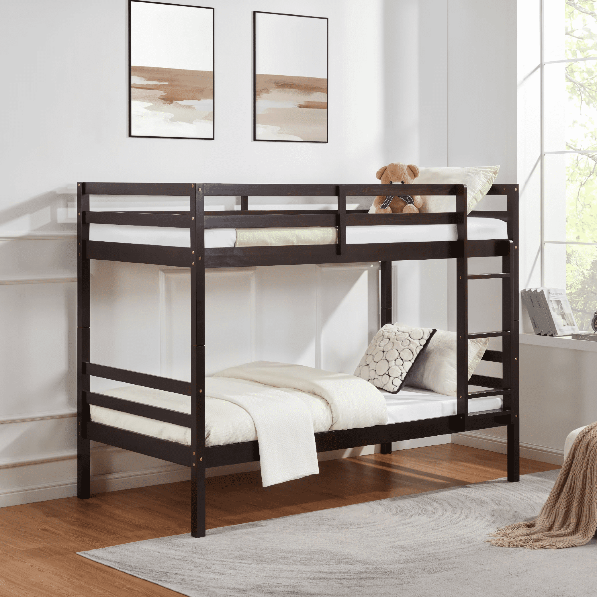 MAYEERTY Twin over Twin Bunk Bed with Ladder, Wooden Bed Frame with High Guardrail and Ladder for Kids, No Box Spring Needed, Espresso