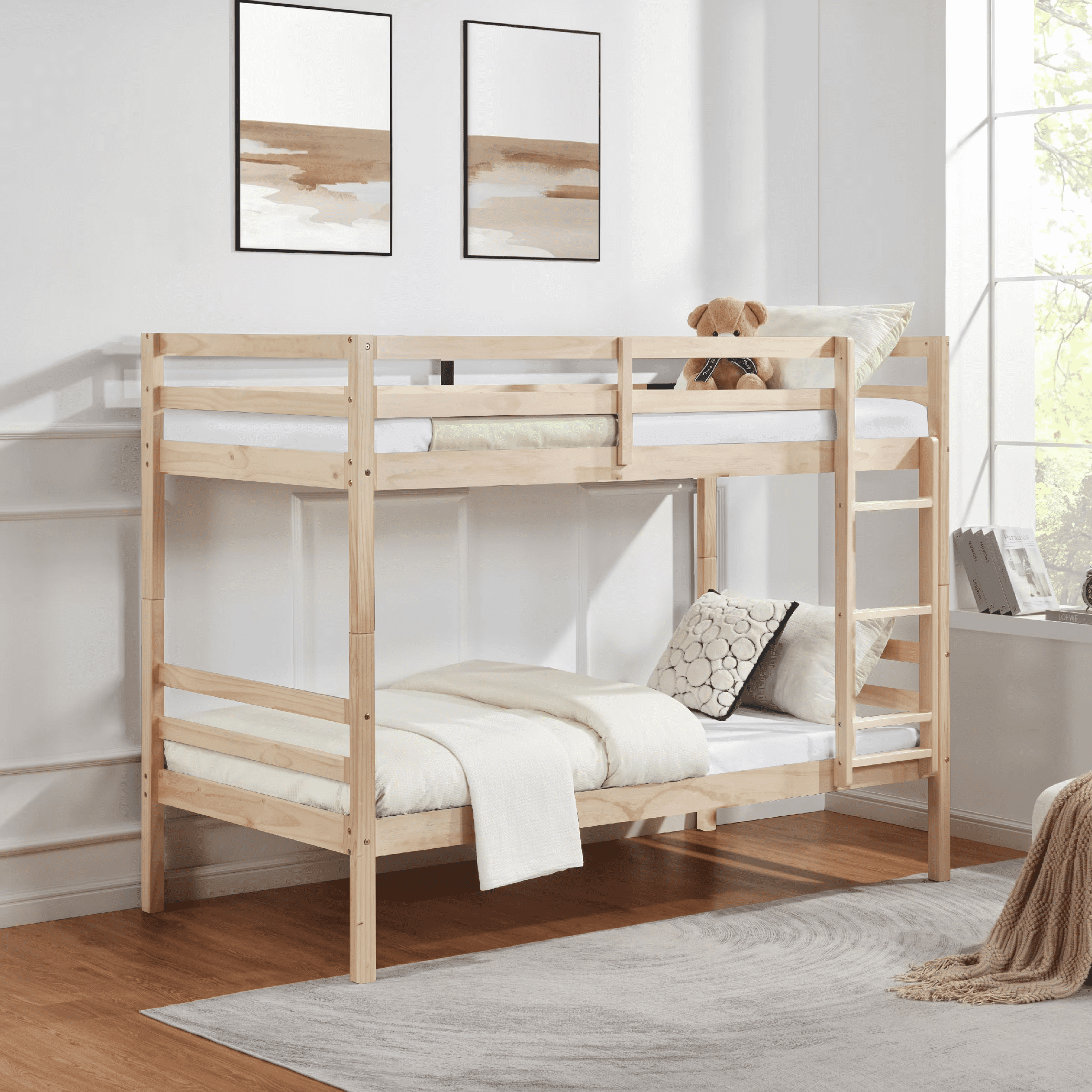 MAYEERTY Twin over Twin Bunk Bed with Ladder, Wooden Bed Frame with High Guardrail and Ladder for Kids, No Box Spring Needed, White