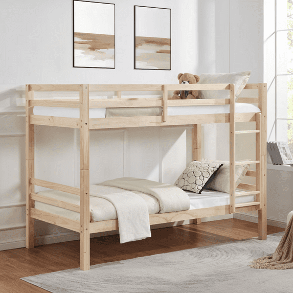 MAYEERTY Twin over Twin Bunk Bed with Thick Posts, Wooden Bed Frame with High Guardrail and Ladder for Kids, No Box Spring Needed, Natural