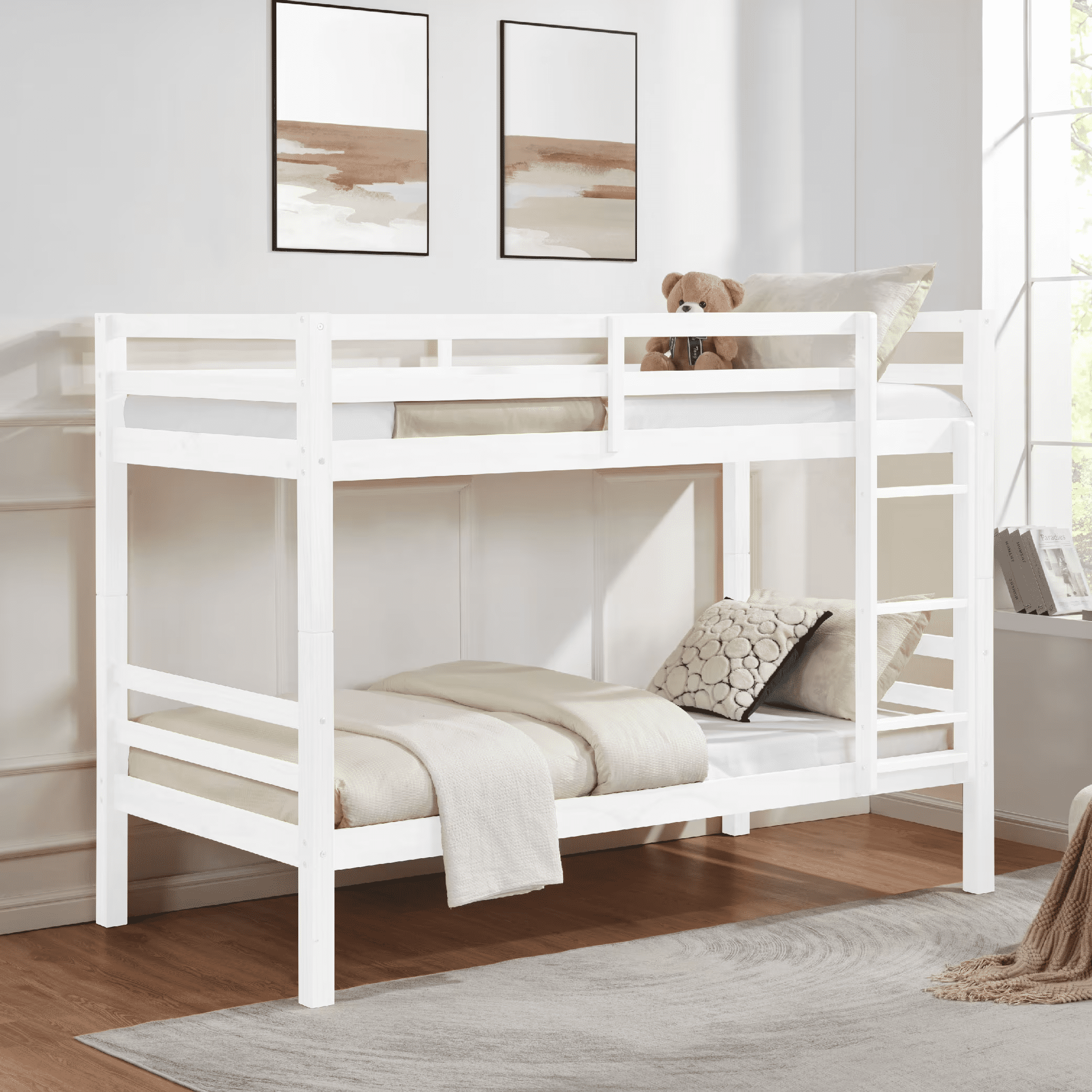 MAYEERTY Twin over Twin Bunk Bed with Thick Posts, Wooden Bed Frame with High Guardrail and Ladder for Kids, No Box Spring Needed, White