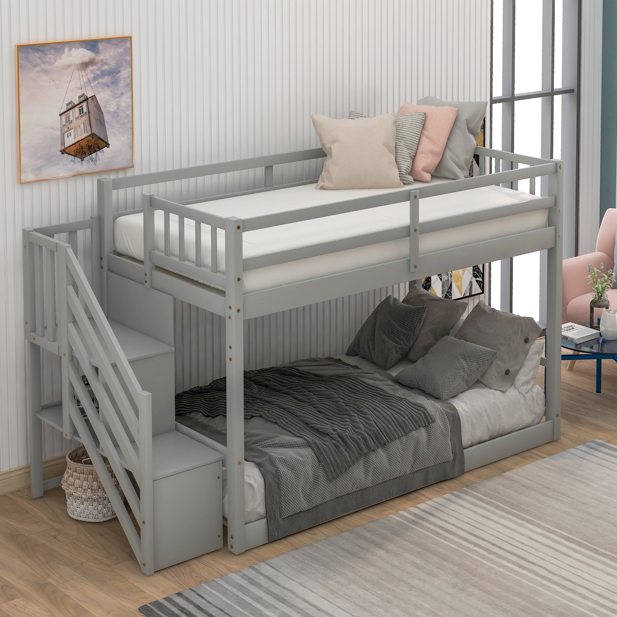 MAYEERTY Twin over Twin Floor Bunk Bed, Ladder with Storage, Gray
