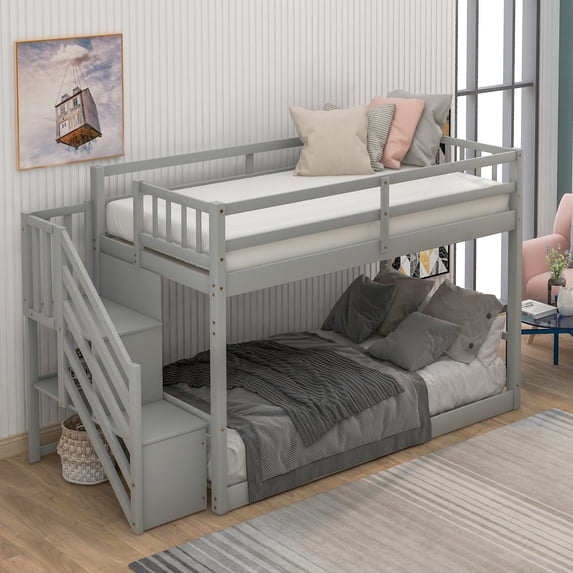 MAYEERTY Twin over Twin Floor Bunk Bed, Ladder with Storage, Gray
