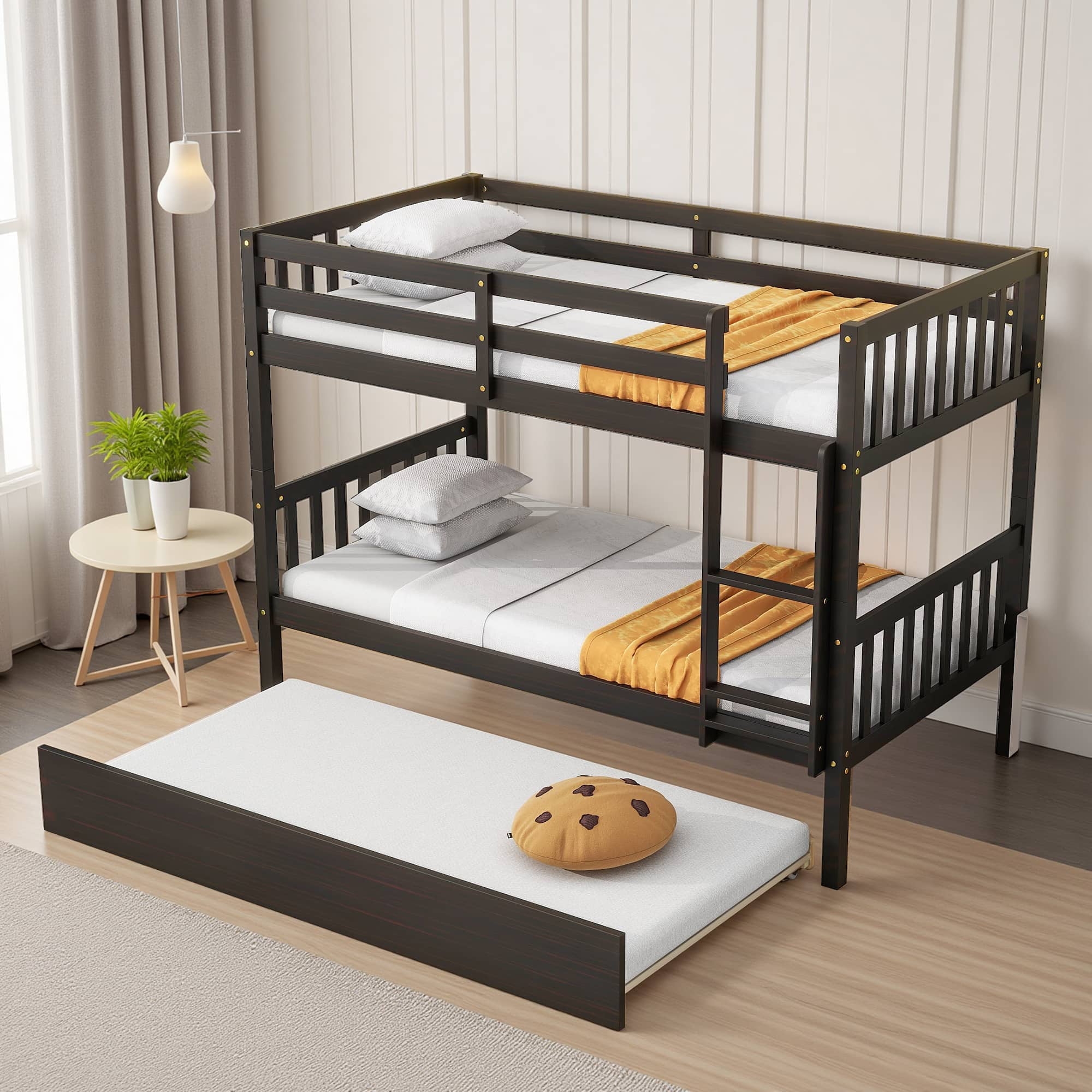 MAYEERTY Twin over Twin Wood Bunk Bed with Trundle, Bed Frame with Ladder and Guardrails, Espresso