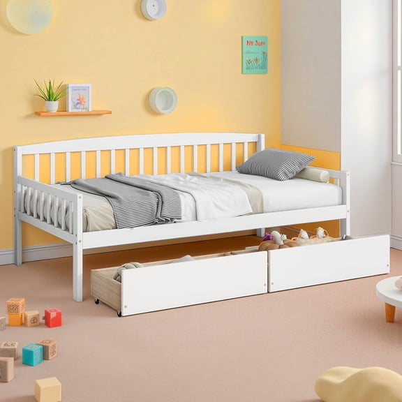 Dovelina Twin Size Pine Wood Daybed with Two Storage Drawers, Sofa Bed with Bed Platform, White