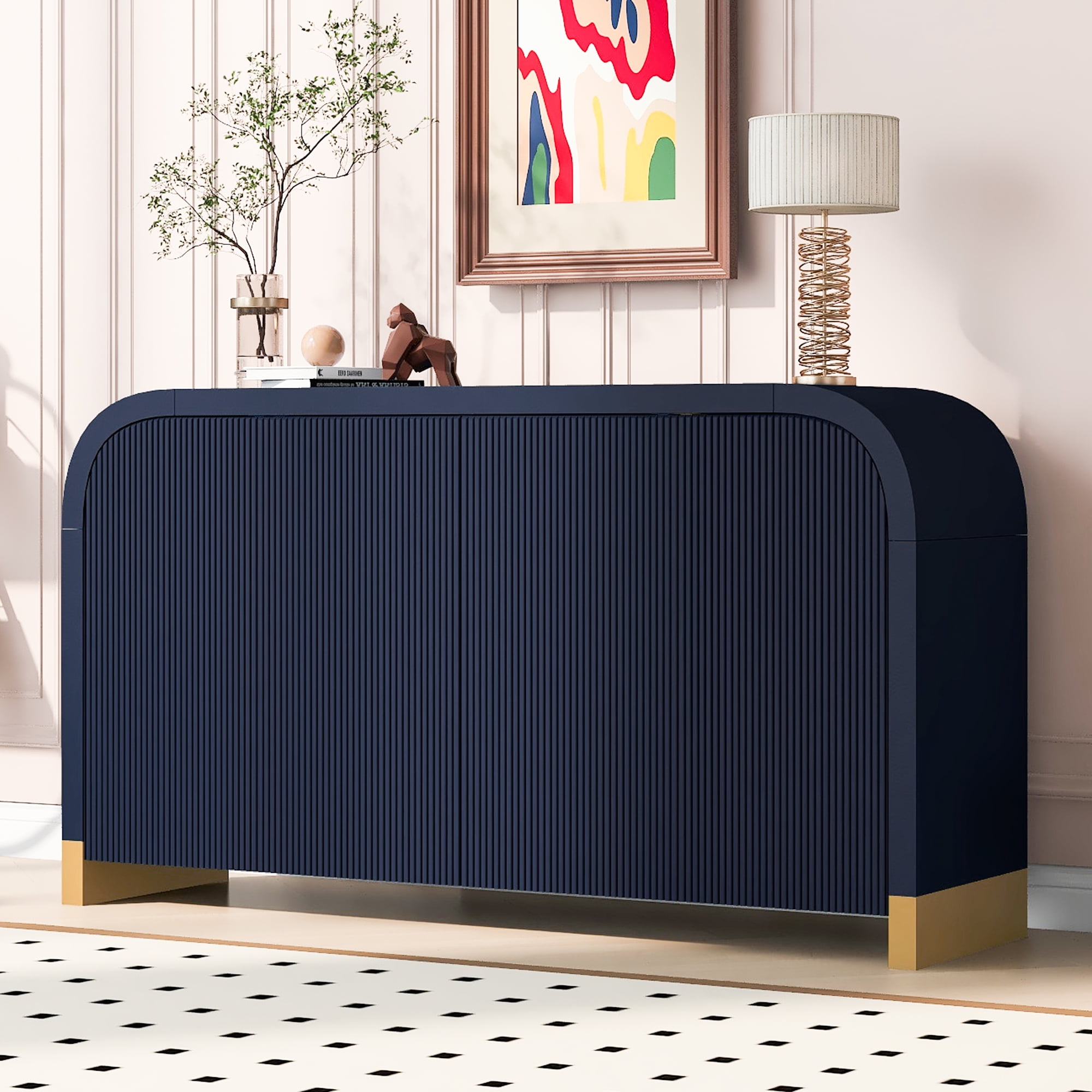 MAYEERTY 4-Door Cabinet Wavy Door Panel Curved Corner Adjustable Shelves for Study & Living Room & Entrance，Navy Blue