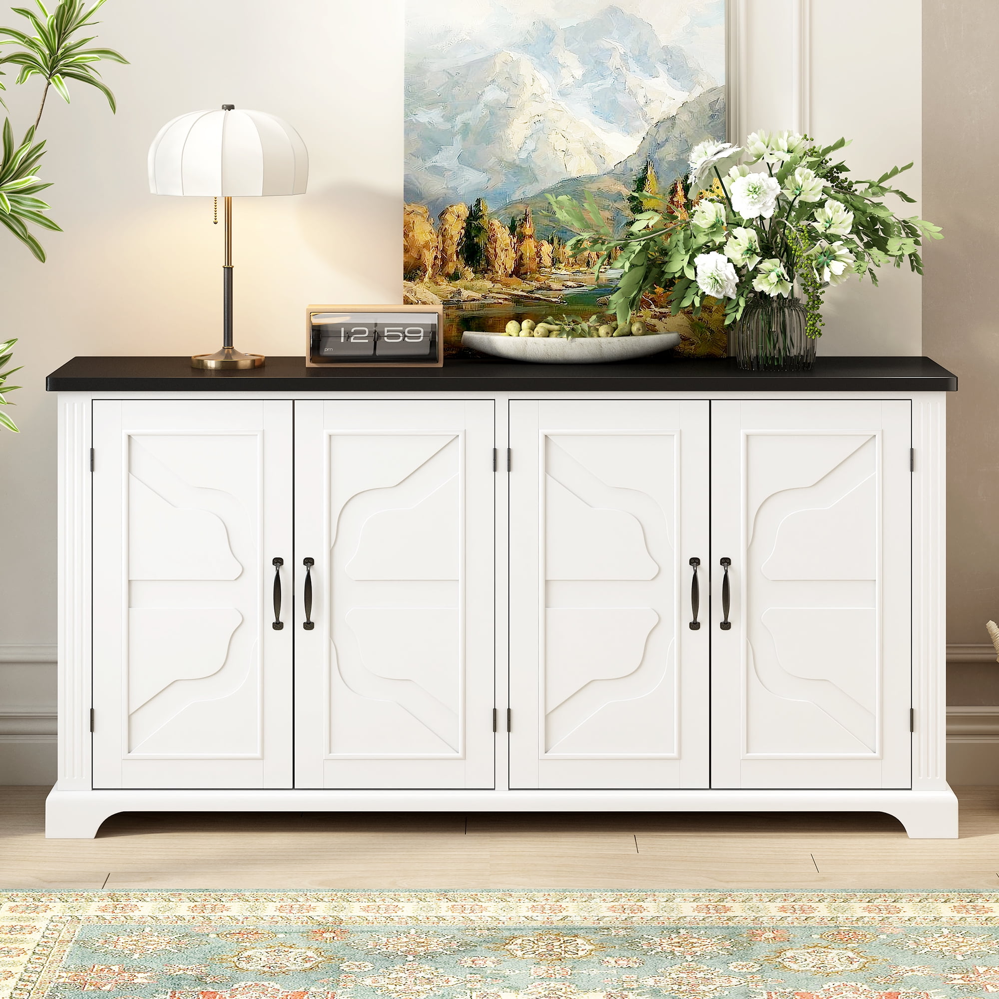 MAYEERTY Country Wooden Sideboard - Pine Doors, 4 Metal Handles for Hallway/Entryway/Living Room/Dining Room, White