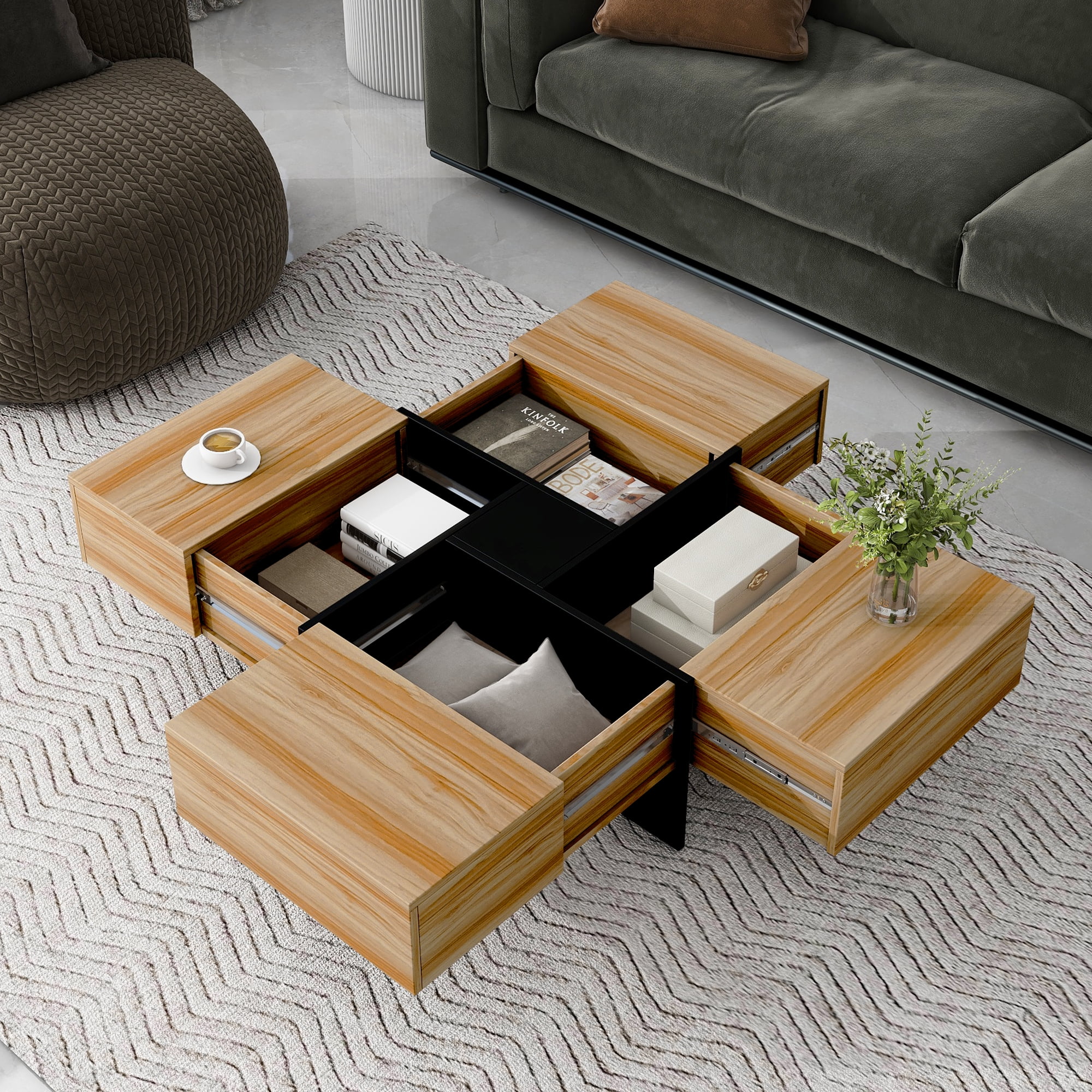 MAYEERTY Unique Design Coffee Table with 4 Hidden Storage Compartments, Square Cocktail Table with Extendable Sliding Tabletop, UV High-Gloss Center Table for Living Room, 31.5"x 31.5",Brown