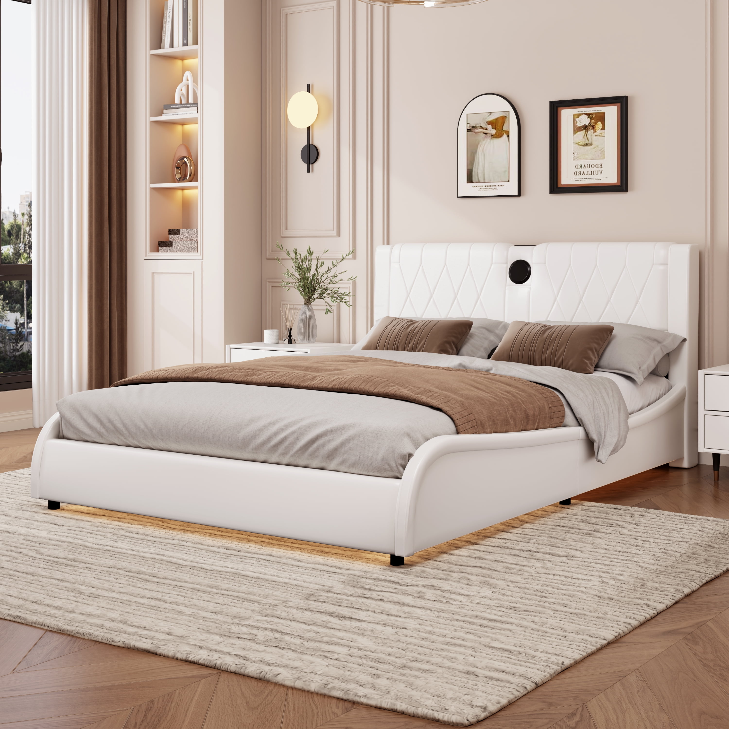MAYEERTY Queen Faux Leather Platform Bed Thick Headboard Bluetooth RGB for Bedroom White