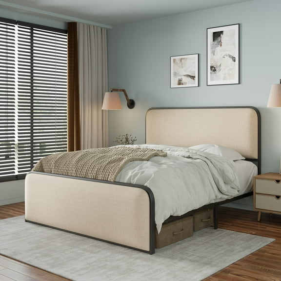 MAYEERTY Queen Metal Bed Frame Curved Upholstered Headboard Storage for Bedroom Beige