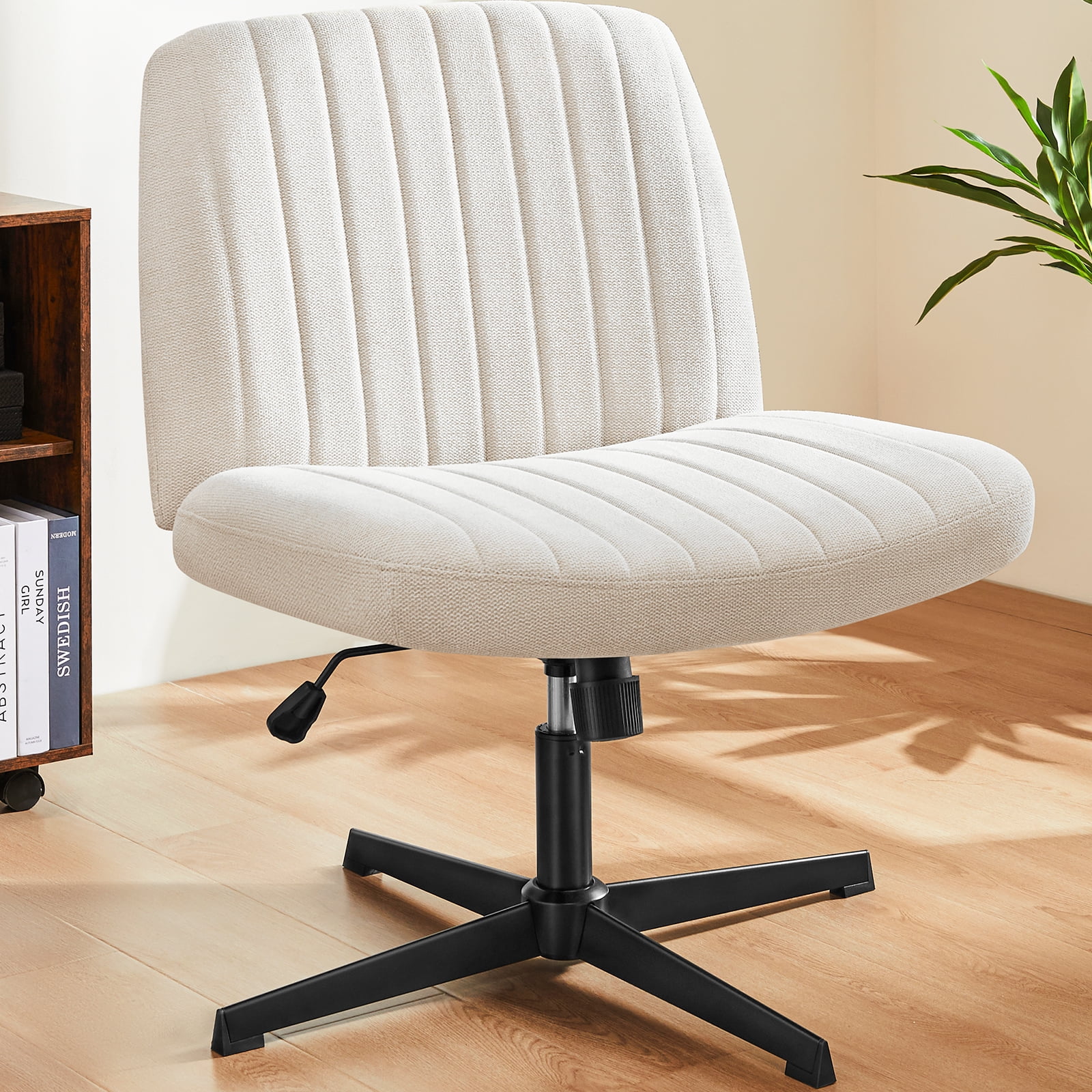 MAYEERTY Wide Desk Chair, No Wheels Cross Legged Office Chair Armless Office Chair, Beige