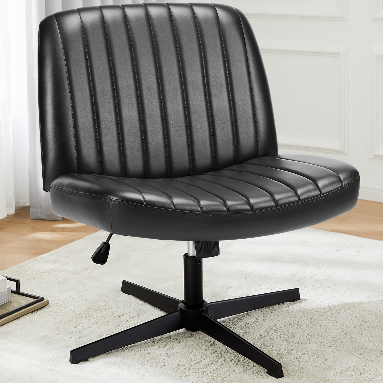 MAYEERTY Wide Desk Chair ，No Wheels Cross Legged Office Chair Armless Office Chair，Black