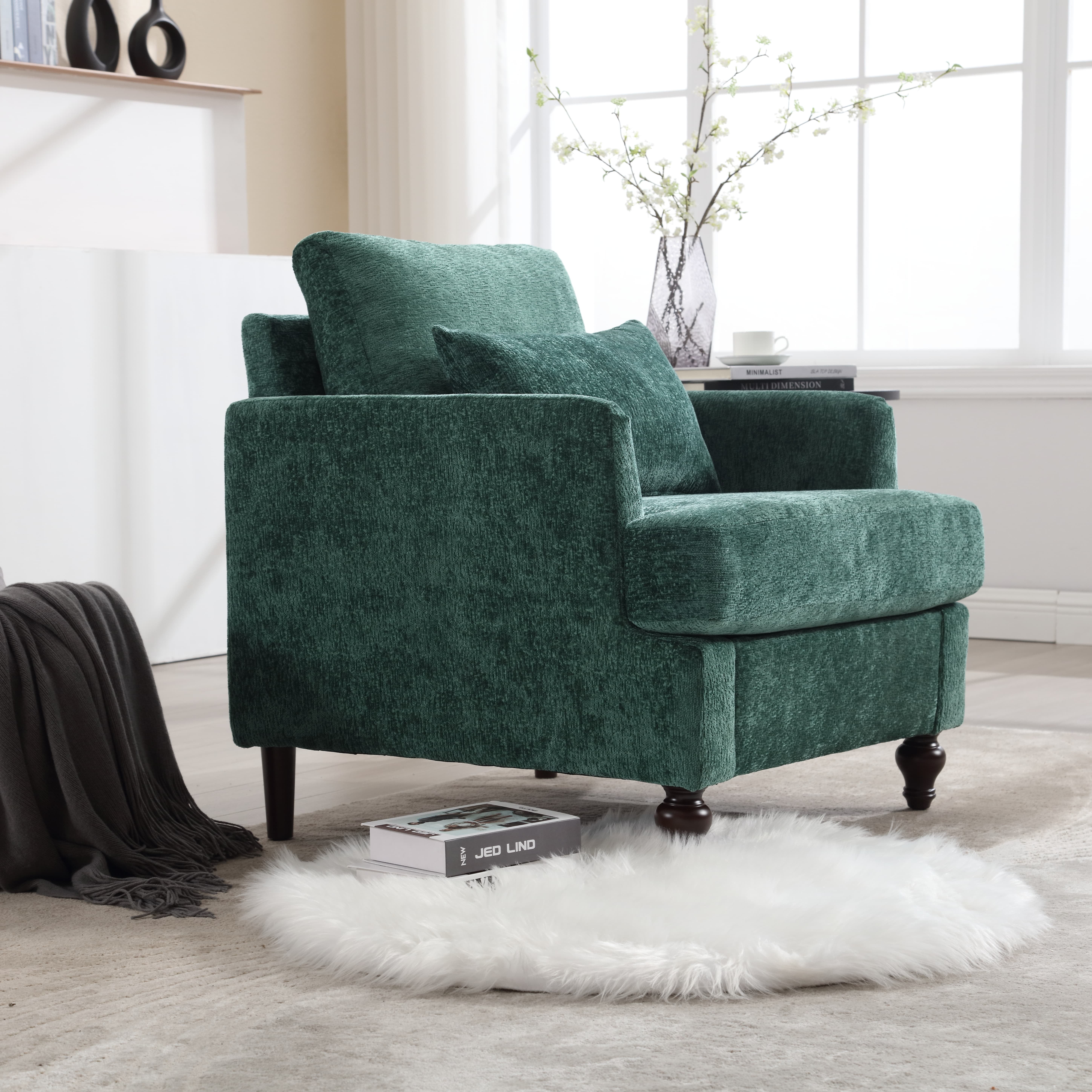 MAYEERTY Wood Frame Armchair, Modern Accent Chair Lounge Chair Tufted Club Chair, Mid Century Modern Arm Chairs with Studded, Solid Wood Frame, for Bedroom, Reading (Emerald Chenille)