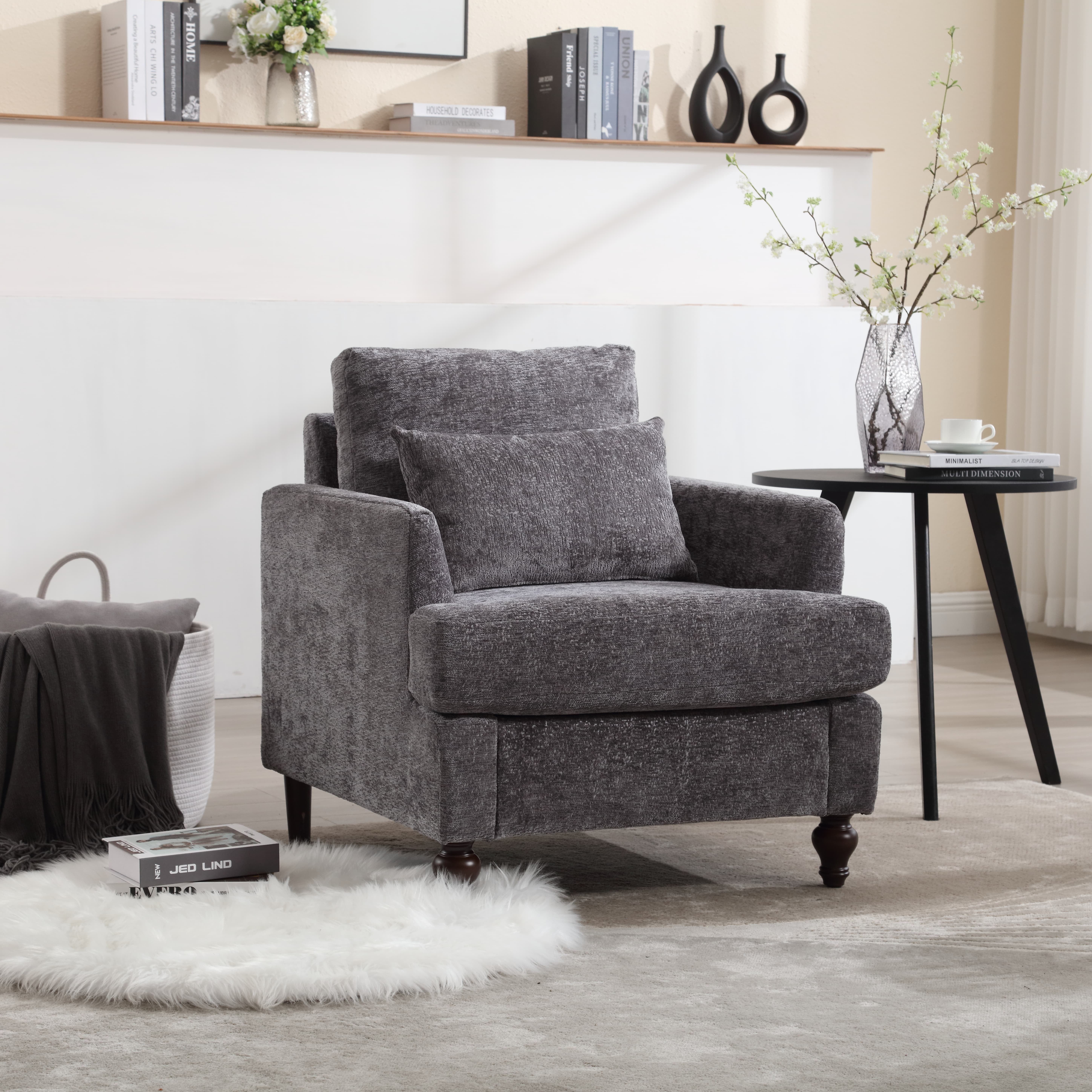 MAYEERTY Wood Frame Armchair, Modern Accent Chair Lounge Chair Tufted Club Chair, Mid Century Modern Arm Chairs with Studded, Solid Wood Frame, for Bedroom, Reading (Gray Chenille)