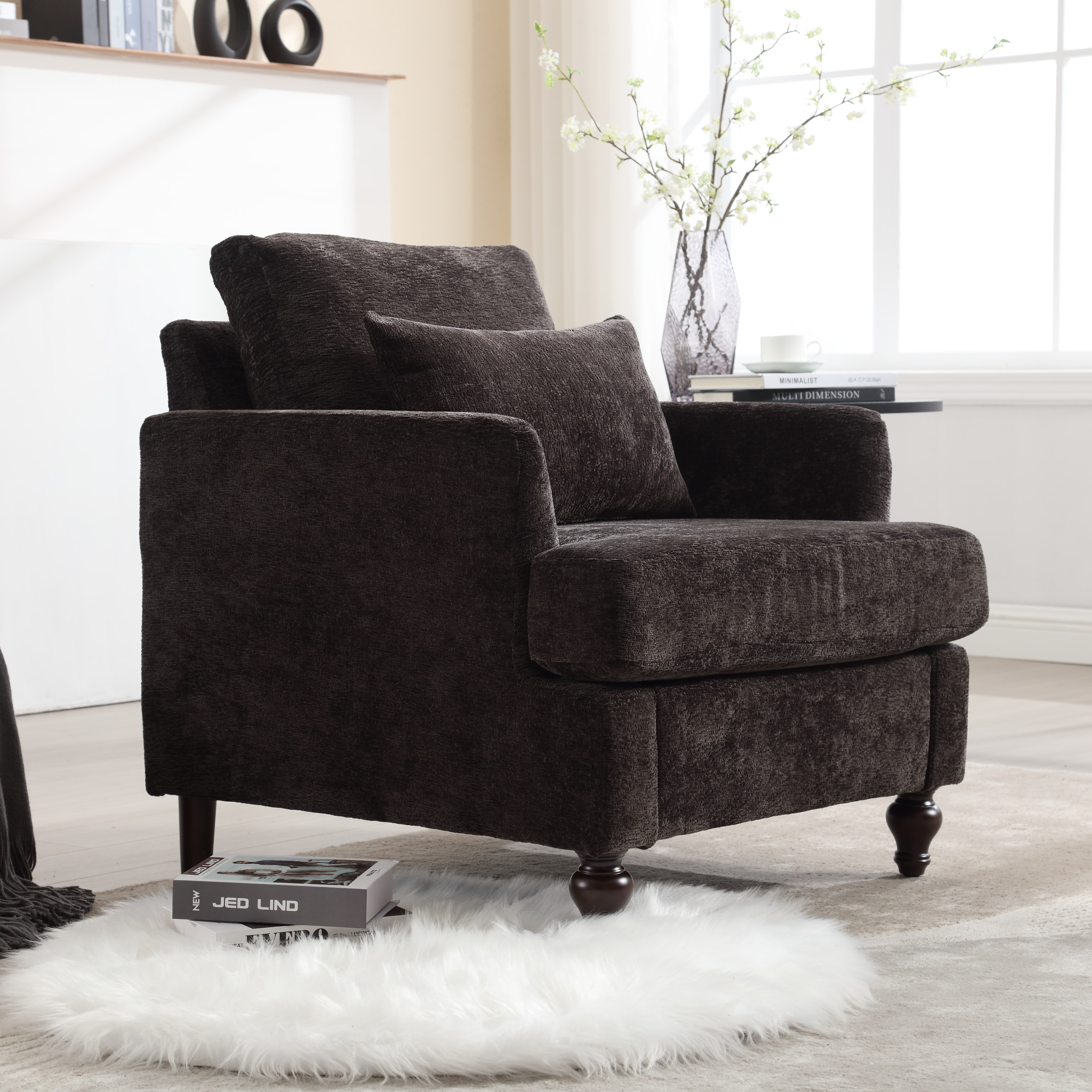 MAYEERTY Wood Frame Armchair, Modern Accent Chair Lounge Chair Tufted Club Chair, Mid Century Modern Arm Chairs with Studded, Solid Wood Frame, for Bedroom, Reading (Black Chenille)