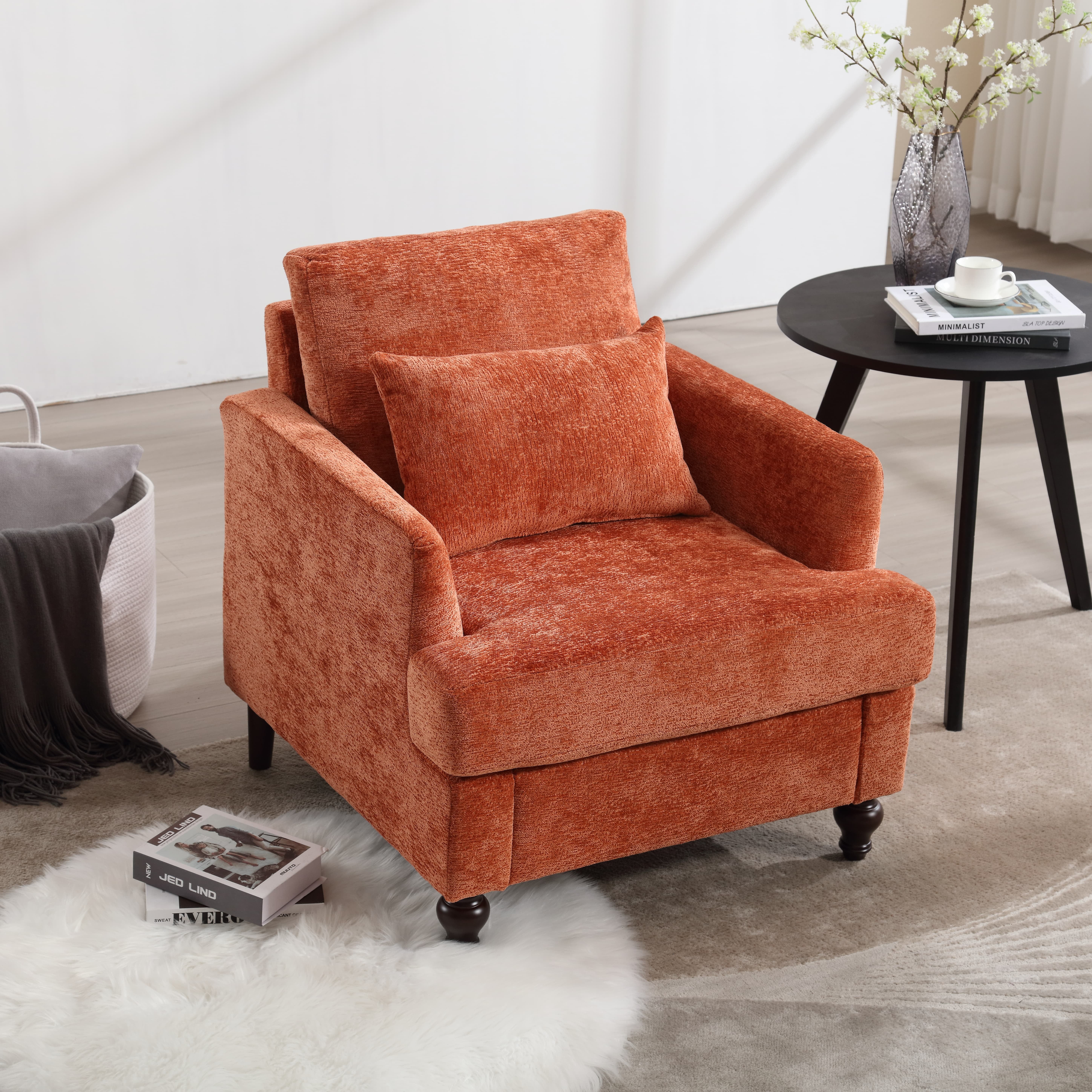 MAYEERTY Wood Frame Armchair, Modern Accent Chair Lounge Chair Tufted Club Chair, Mid Century Modern Arm Chairs with Studded, Solid Wood Frame, for Bedroom, Reading (Orange Chenille)