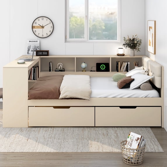 MAYEERTY Wood Full Size Platform Bed with Storage Shelves, Drawers, Charging Station and Upholstered Headboard, Cream