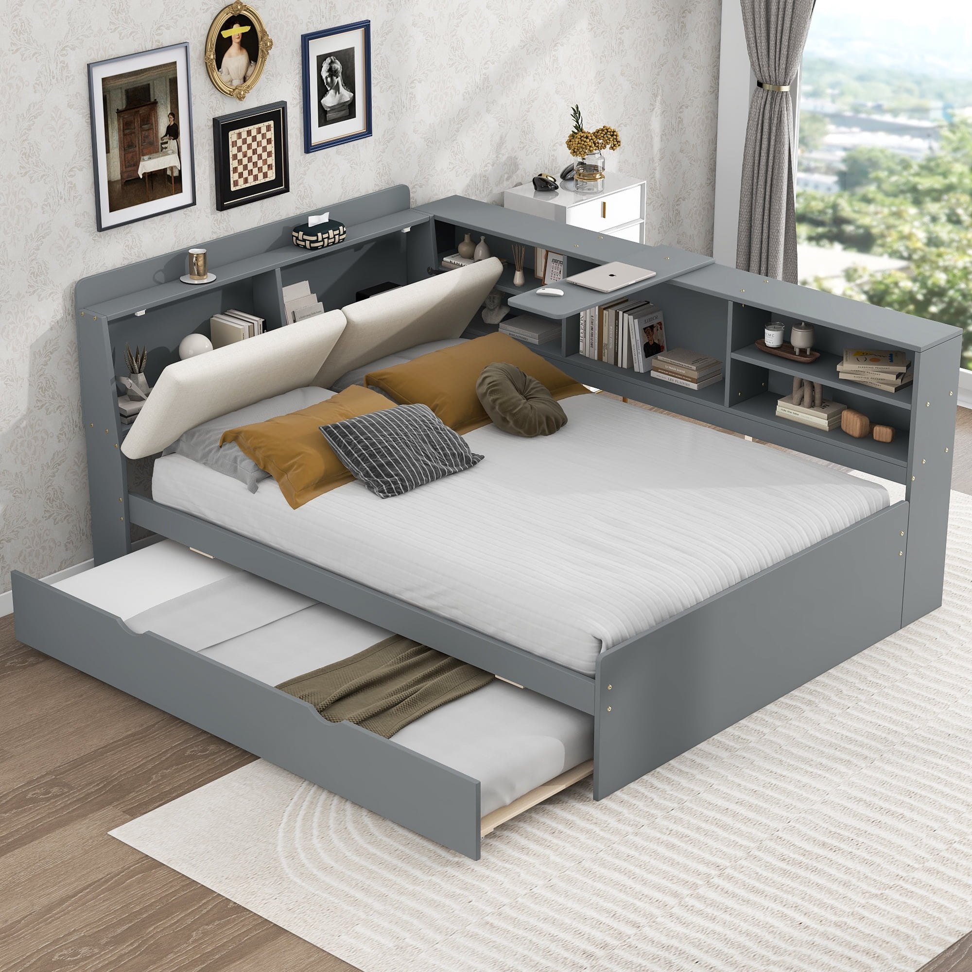 MAYEERTY Wood Full Size platform bed with Trundle, Shelves and Storage Headboard, Gray