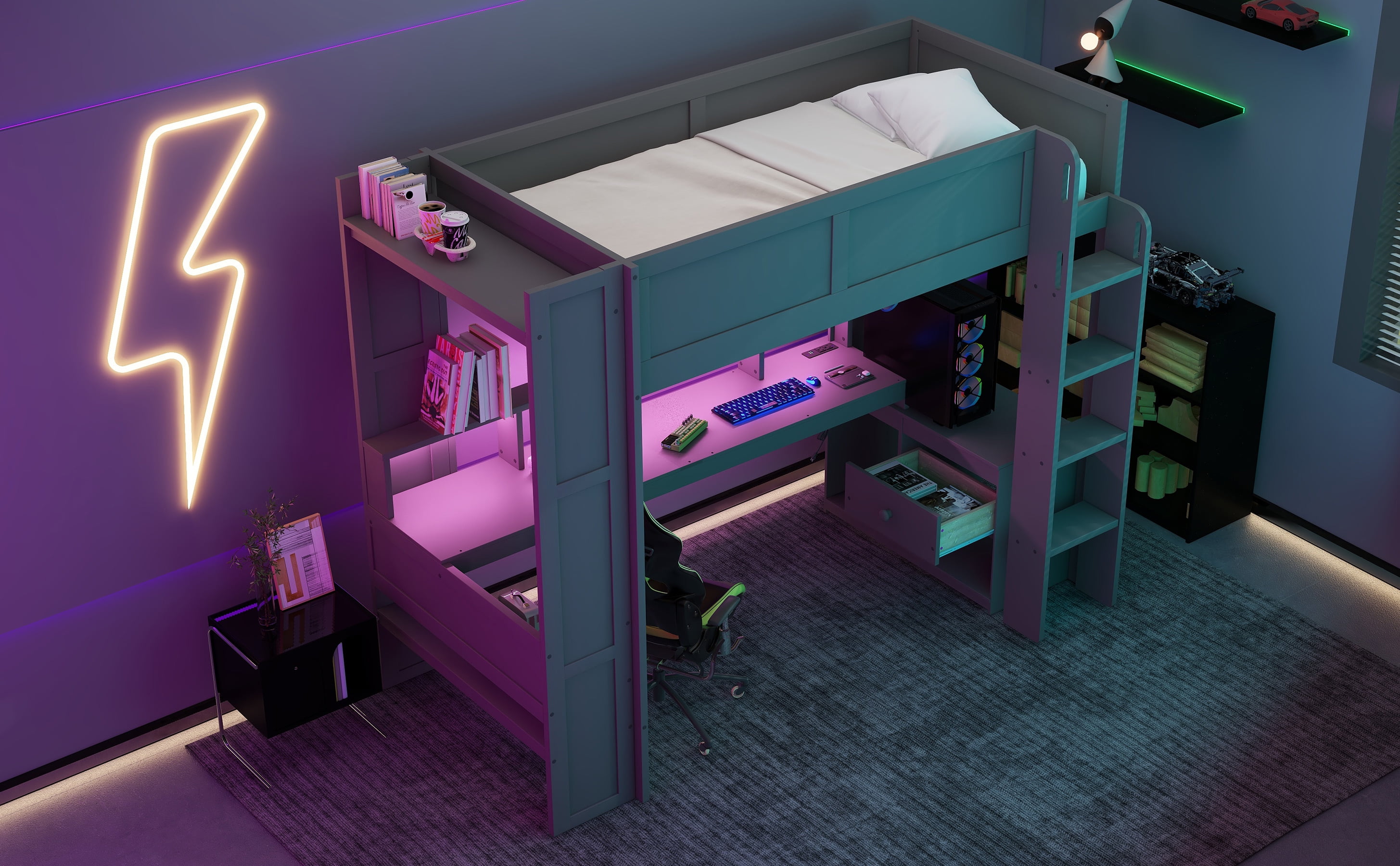 MAYEERTY Wood Twin Size Gaming Loft Bed with Desk, Multi-storage Shelves, LED and Charging Station, Dark Gray