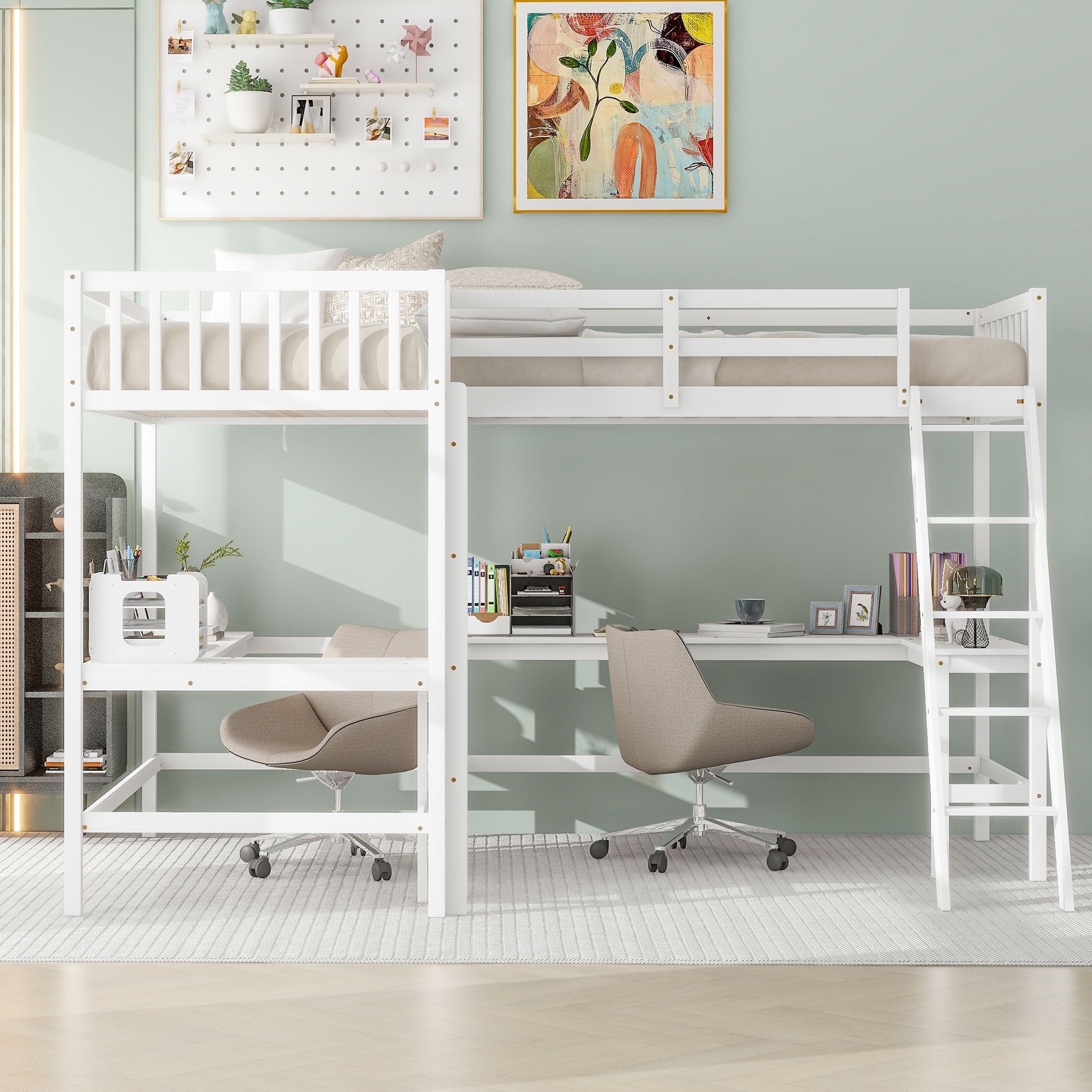 MAYEERTY Wood Twin Size L-Shaped Loft Bed with Ladder and 2 Built-in L-Shaped Desks, White