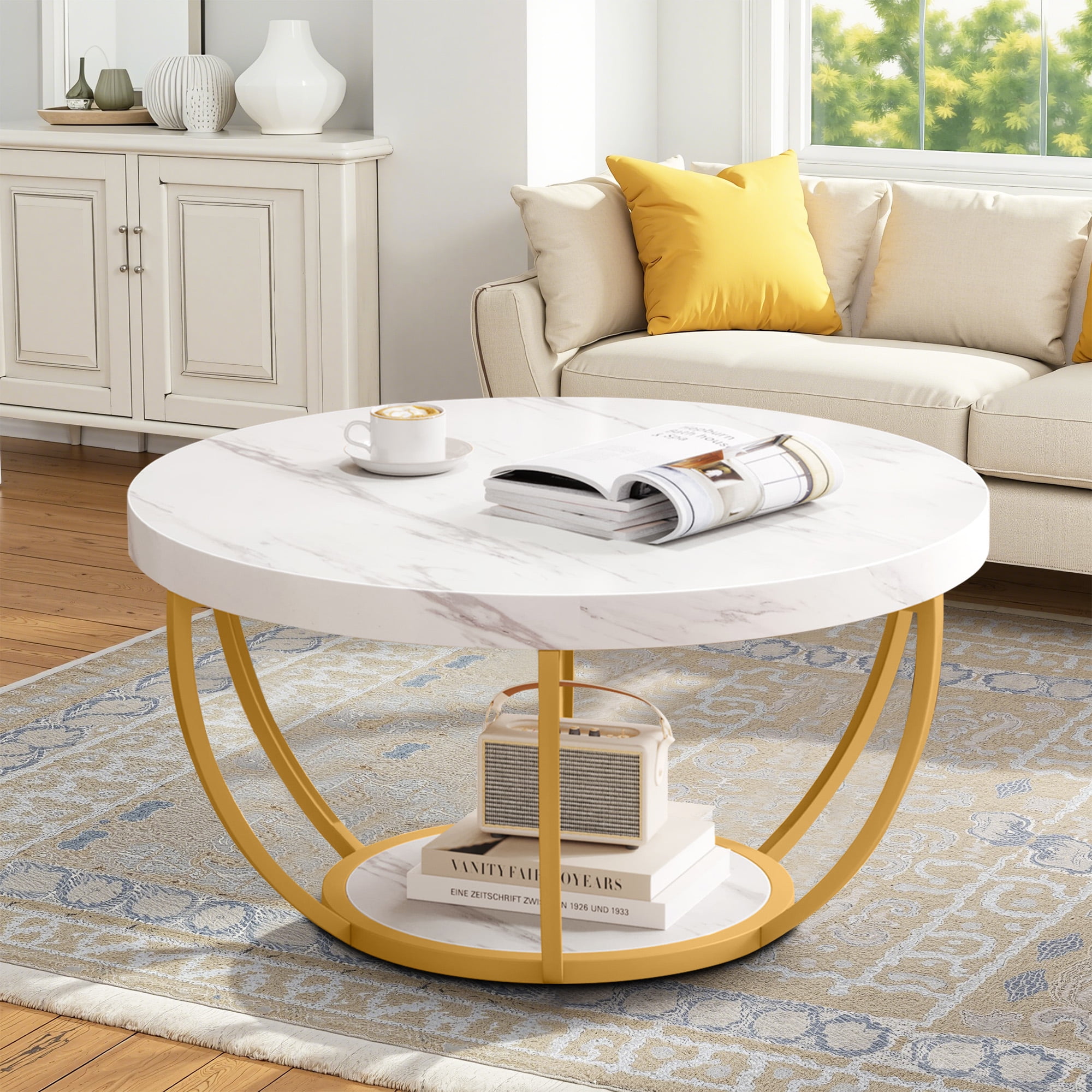 MAYEERTY 2 Tier Round Coffee Table Thickened Engineered Wood Sturdy Metal Base