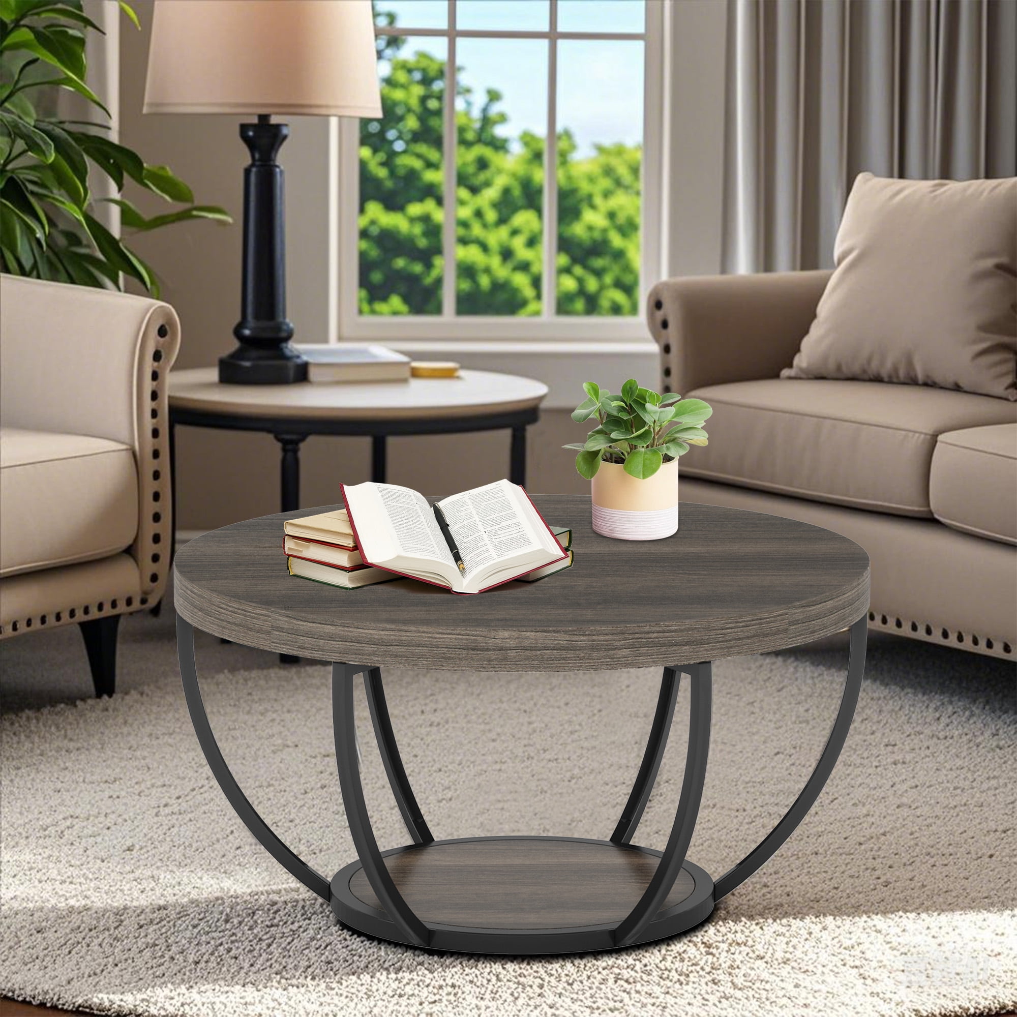 MAYEERTY 2 Tier Round Coffee Table Thickened Engineered Wood Sturdy Metal Base