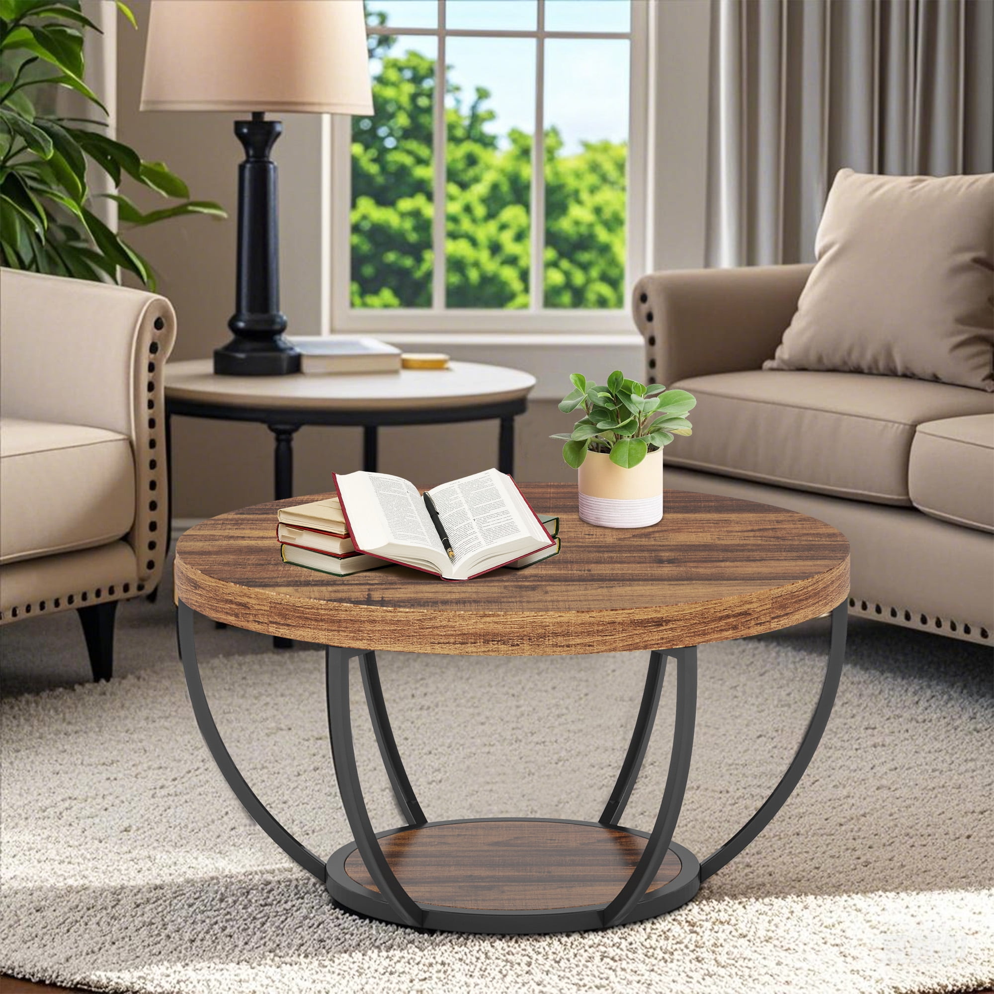 MAYEERTY 2 Tier Round Coffee Table Thickened Engineered Wood Sturdy Metal Base