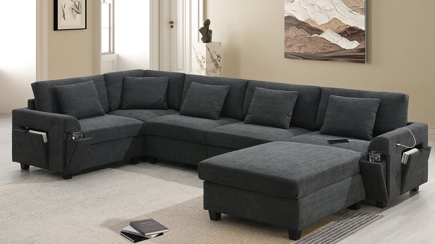 MAYEERTY 128x67" U-Shaped Sectional Sofa - 6-Seat Chenille Couch with Ottoman/Armrest Storage/Cup Holders/USB, Wide Seat for Living Room/Apartment, 2 Colors