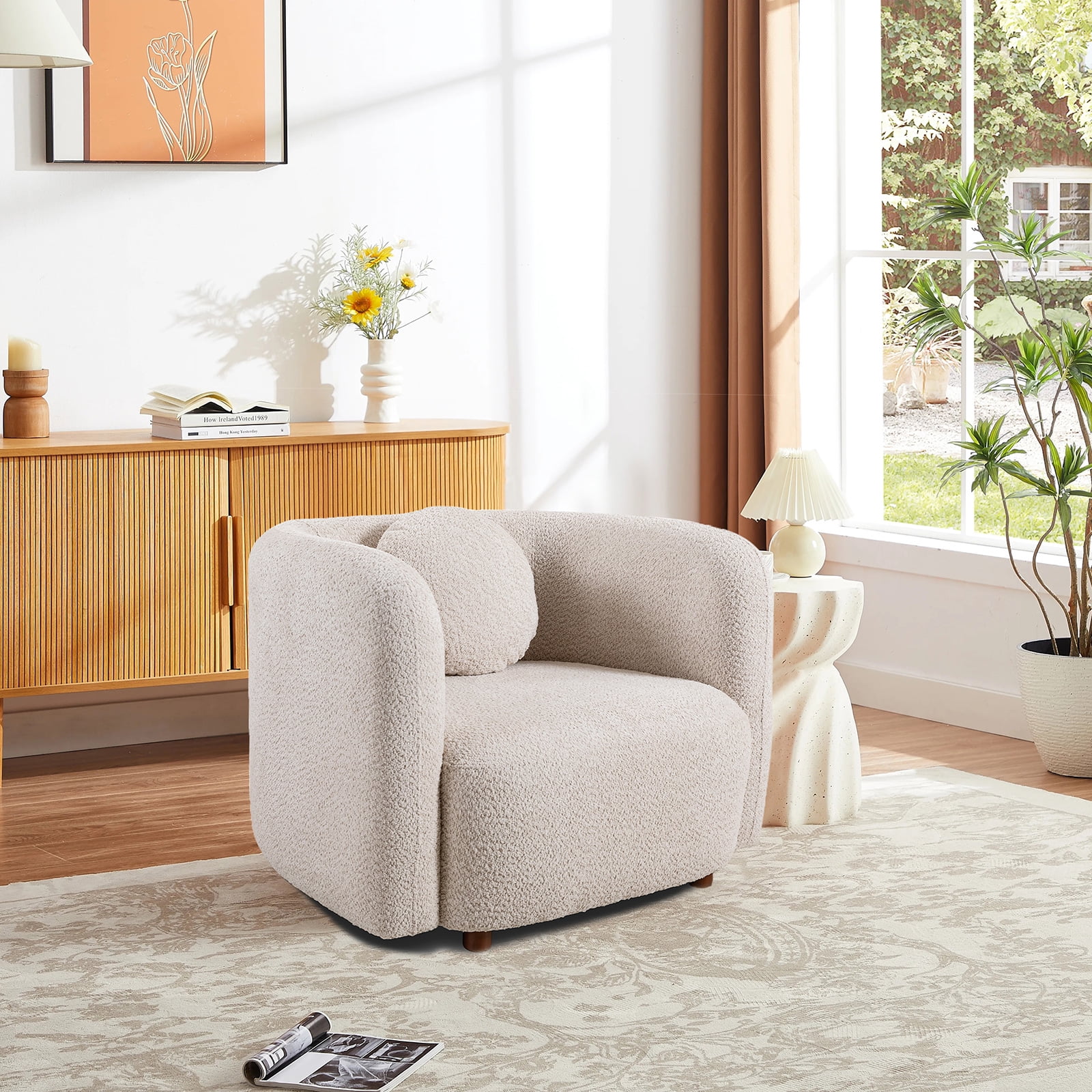 MAYEERTYAccent Square Sofa Chair, Boucle Fabric Upholstered Single Cloud Couch Chair, Japandi Style Armchair for Living Room, 1 Seater Sofa