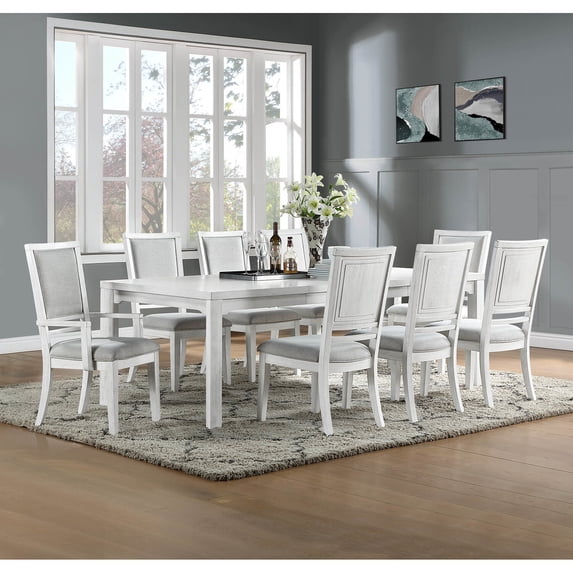 Dover 9P 60-78-96" Rectangle Expanding Dining Table Set Padded Chairs White Wood