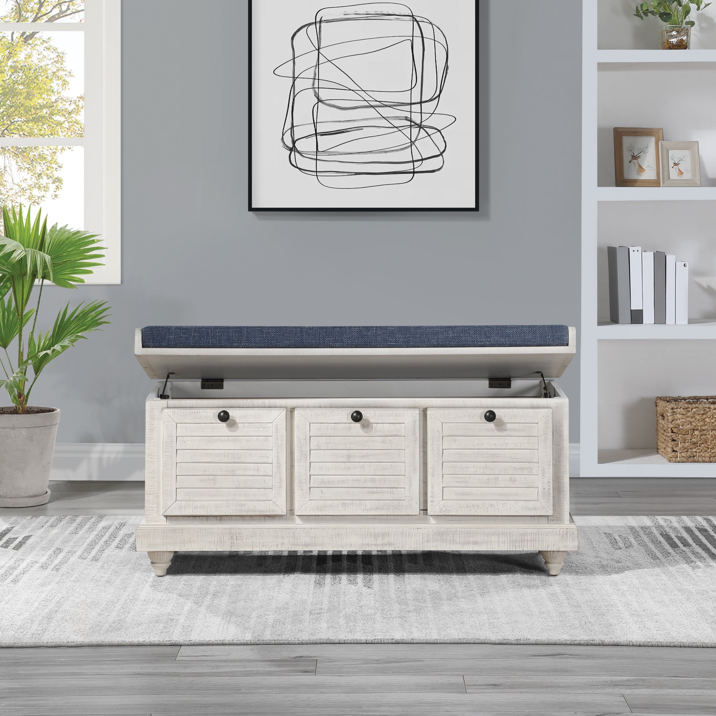 Dover Distressed White Wood Storage Bench with Navy Cushion