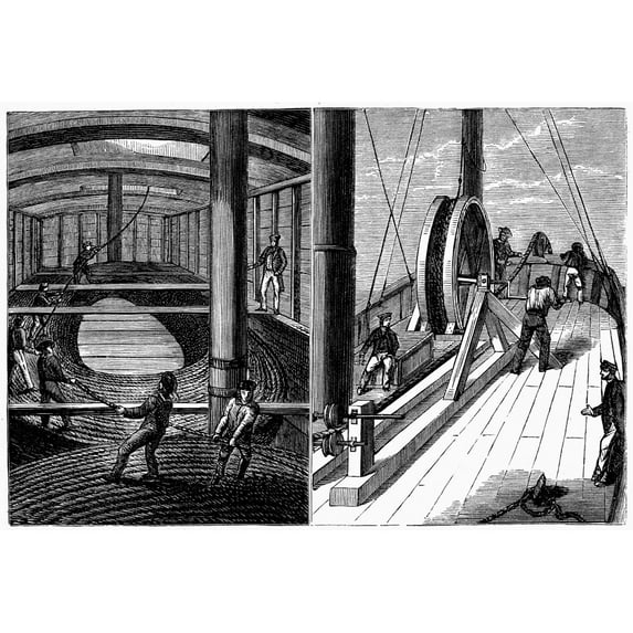 Dover Telegraph Cable. Nlaying Telegraph Cable Across The Straits Of Dover England. Wood Engraving 19Th Century. Print