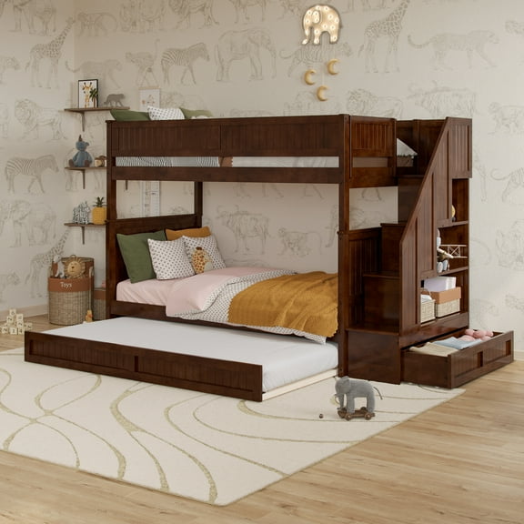 Dover Twin over Twin Wood Staircase Bunk Bed with Drawer & Trundle in Walnut