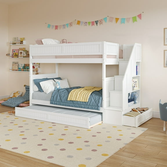 Dover Twin over Twin Wood Staircase Bunk Bed with Drawer & Trundle in White