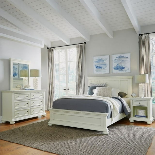 Dover White Queen Bed, Nightstand, Dresser & Mirror Bedroom Set