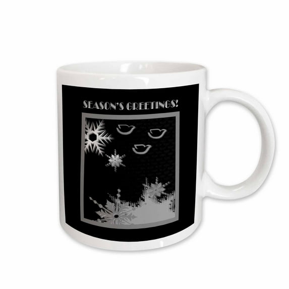 3drose, Doves, Snowballs and Snowflakes, Seasons Greetings, Silver on Black, 11oz Mug