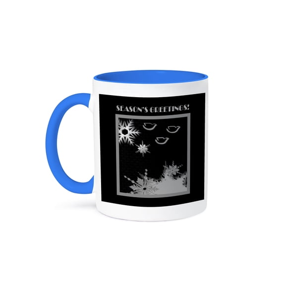 3drose, Doves, Snowballs and Snowflakes, Seasons Greetings, Silver on Black, 15oz Two-tone Blue Mug