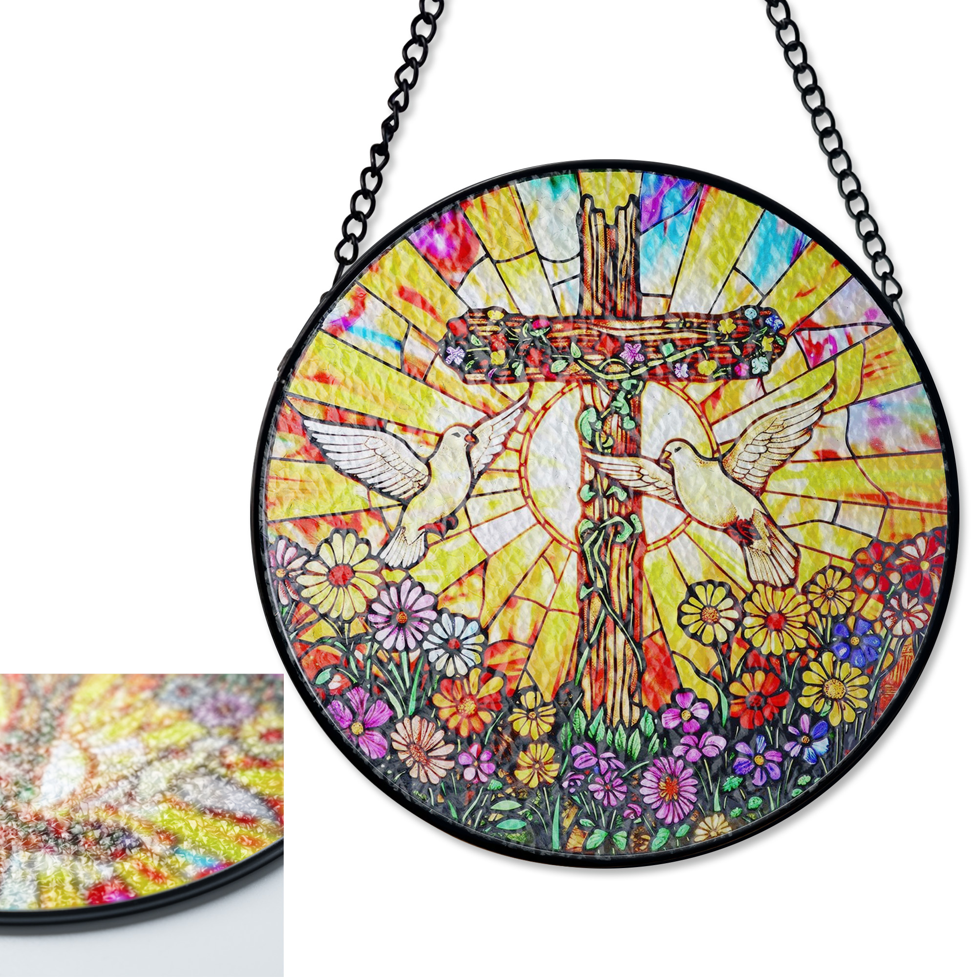 Doves and Cross Stained Glass Suncatcher, Christian Window Hanging ...