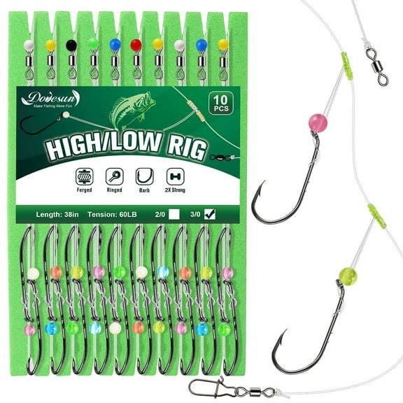 Dovesun 10PCS High Low Rigs for Saltwater Fishing, 60LB Surf Rigs with 3/0 Hooks, T-Knot Design