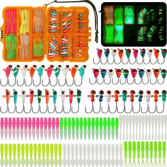 Dovesun 135 PCS Ice Fishing Kit – Glow Jigs & Soft Lures Set for Walleye, Crappie, Perch