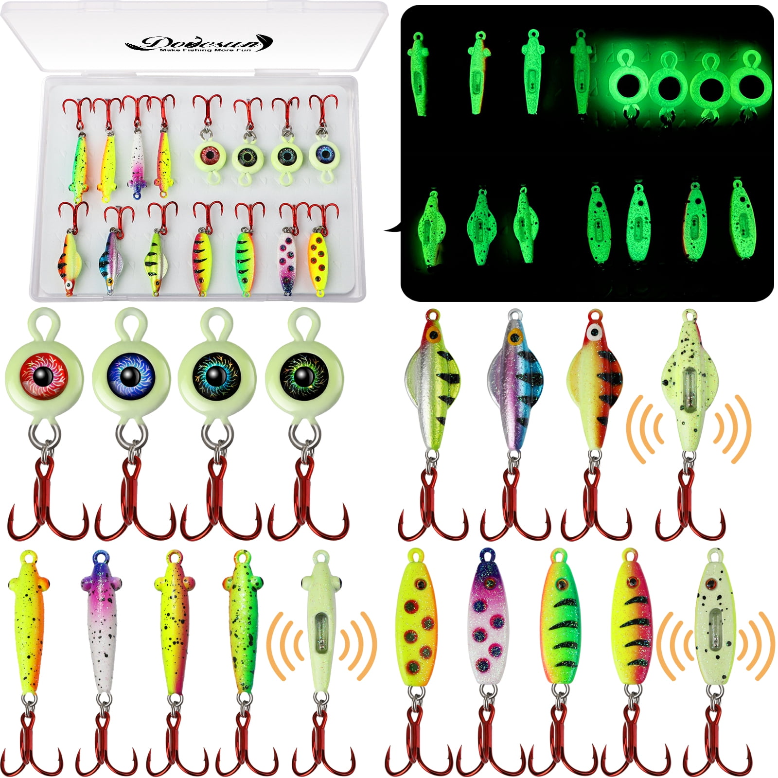 Dovesun Rattles Dovesun 15PCS Ice Fishing Jigs Ice Fishing Lures Kit Rattling Glow Ice ...