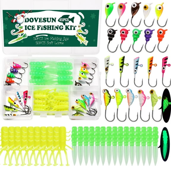 Dovesun 45PCS Ice Fishing Combo Jigs and Soft Lures Kit for Winter Fishing