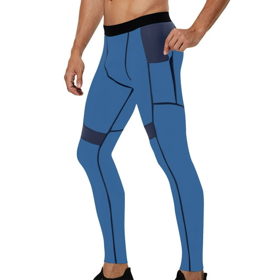 Dovford Athletic Compression Pants for Men Sport Football Running Tights Base Layer Leggings with Pockets(Patchwork Pocket)Blue&S