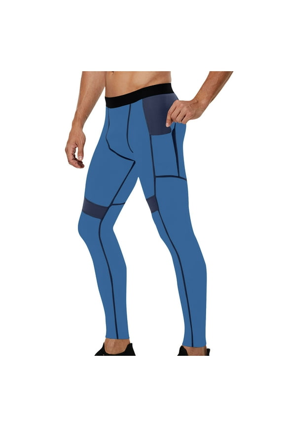Athletic Compression Pants for Men Sport Football Running Tights Base Layer Leggings with Pockets(Patchwork Pocket)Blue&S