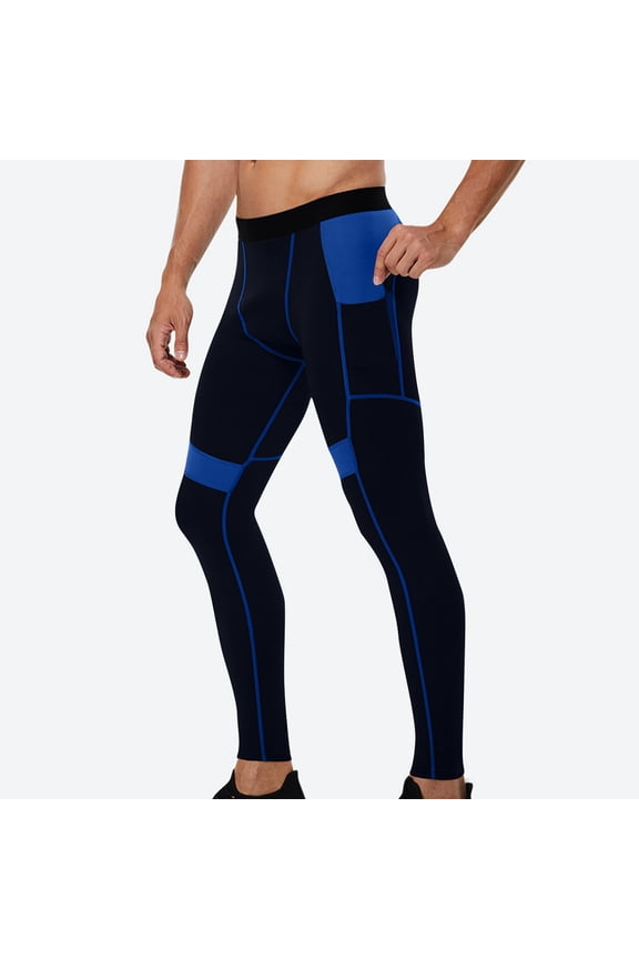 Athletic Compression Pants for Men Sport Football Running Tights Base Layer Leggings with Pockets(Patchwork Pocket)Navy&M