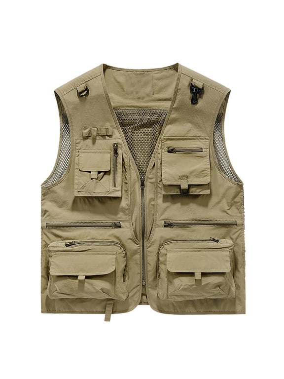 Breathable Mesh Zip Cargo Vest,Men Casual Multi-Pocket Vest,Outdoor Hiking Fishing Cargo Vest Jacket