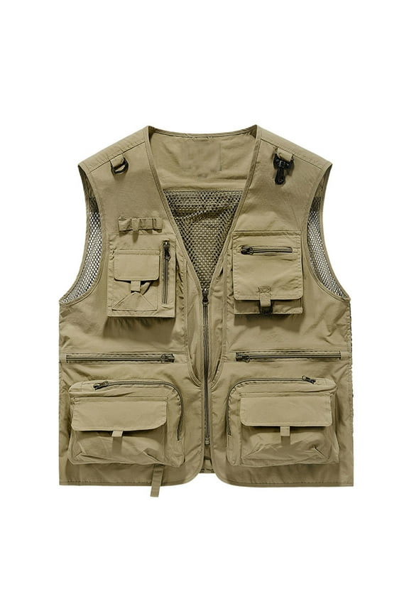 Breathable Mesh Zip Cargo Vest,Men Casual Multi-Pocket Vest,Outdoor Hiking Fishing Cargo Vest Jacket