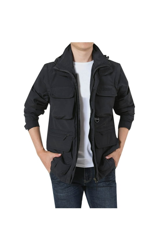 Casual Outdoor Jacket for Men Fishing Work Cargo Jacket with Detachable Hood and Sleeves Athletic Hiking Wear