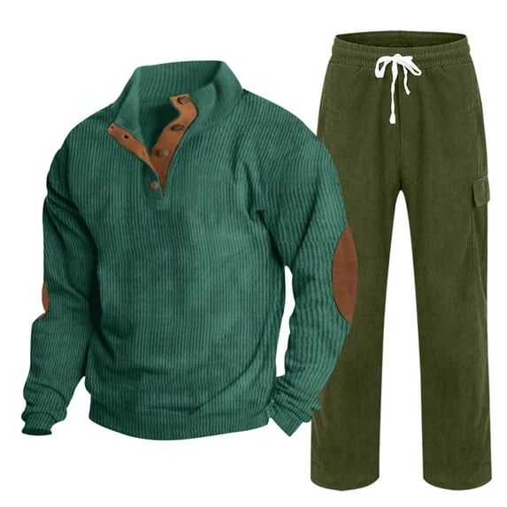 Dovford Corduroy Shirt and Pants Set for Men Long Sleeve Sweatshirt Stand Collar Loose Fit Pullover with Trousers for Men