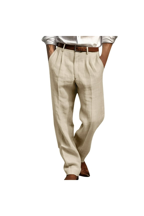 Cotton Linen Pants for Men Pleated Front Trouser Straight Leg Suit Trousers Solid Color Office Trouser Lightweight Linen Pant