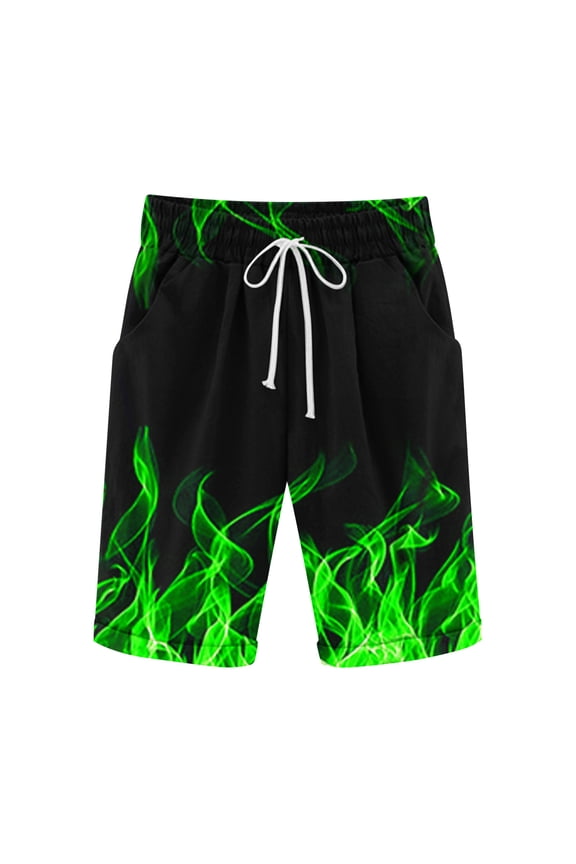 Cotton Linen Shorts for Men Flame Printed Lightweight Beach Shorts Drawstring Elastic Waist Casual Shorts with Pockets